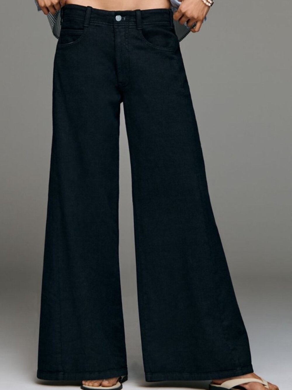 Anthropologie Pilcro Adi Linen Blend Wide Leg Flare Pants Midnight Black 24W 24